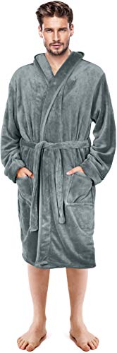 NY Threads Luxury Men’s Hooded Dressing Gown | Super Soft Fleece Men Bath Robe | Cozy Hooded Plush Loungewear and Nightwear (Large, Steel Grey)
