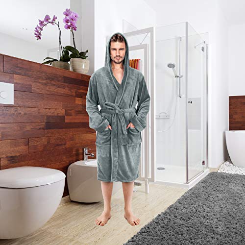 NY Threads Luxury Men’s Hooded Dressing Gown | Super Soft Fleece Men Bath Robe | Cozy Hooded Plush Loungewear and Nightwear (Large, Steel Grey)