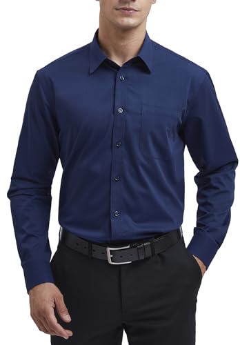 HISDERN Men's Navy Blue Dress Shirt Long Sleeve Regular Fit Business Bamboo Fiber Shirt Casual Wrinkle-Free Shirt with Pocket,L