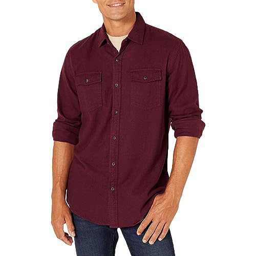 Amazon Essentials Men's Regular-Fit Long-Sleeve Two-Pocket Flannel Shirt, Burgundy Heather, L