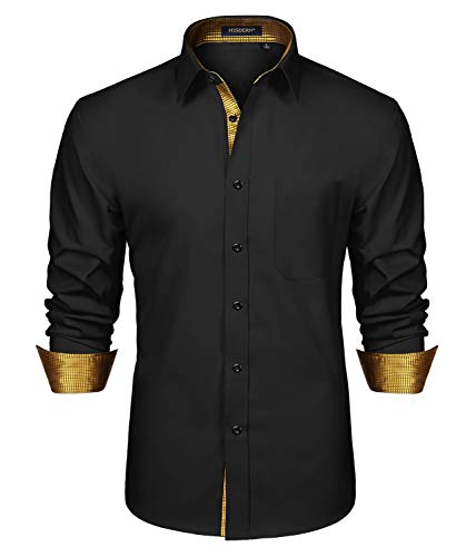 HISDERN Black Gold Long Sleeve Shirt for Men Fashion Classic Collar Button Down Casual Formal Party Prom Concert Shirts Noir-2 XL