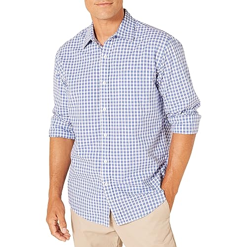 Amazon Essentials Men's Regular-Fit Long-Sleeve Casual Poplin Shirt, Blue, Checked, L