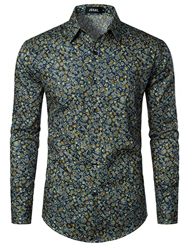 JOGAL Mens Regular fit Floral Dress Shirt Long Sleeve Printed Casual Button Down Shirts Navy Floral Large