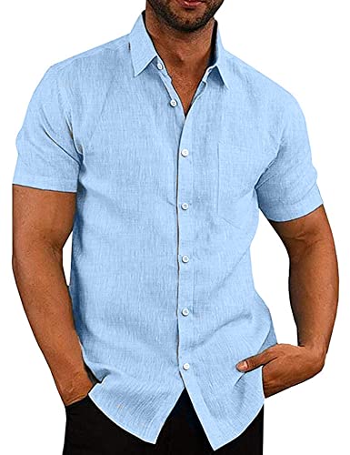 COOFANDY Men's Shirts Short Sleeve Linen Shirt Summer Shirts Beach Shirts Casual Business Shirt Dress Shirts Button Down Shirt Plain Basic Shirts Sky Blue L