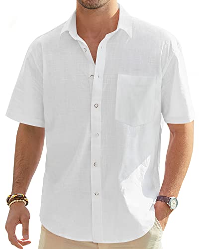 J.VER Men's White Linen Shirt Short Sleeve Lightweight Cotton Regular Fit Casual Summer Beach Shirt Tops with Pocket XXL