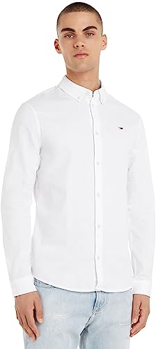 Tommy Jeans - Oxford Mens Long SleeWhitee Shirt - Tommy Jeans Mens Shirt - Slim Stretch - Button Down - Organic Cotton - White - XXL