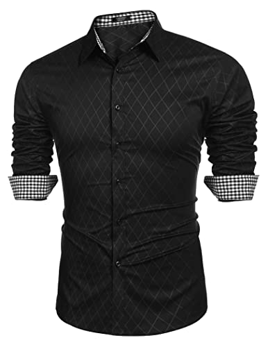 COOFANDY Mens Shirts Long Sleeve Casual Smart 100% Cotton Non-Iron Diamond Check Button Shirt Black L