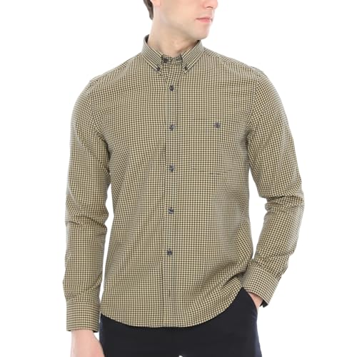 Xact Men's Gingham Check Shirt with Button-Down Collar - Long Sleeved (Mustard/Navy) L