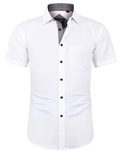 J.VER Men's Short Sleeve White Dress Shirt Stretch Non Iron Regular Fit Business Casual Button Down Shirt Wedding Work Office XXL