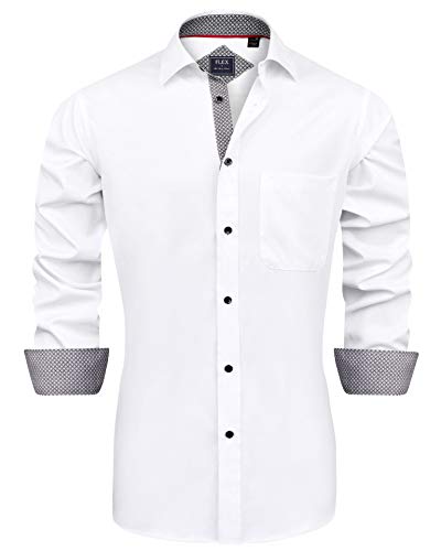 J.VER Men's White Dress Shirts Long Sleeve Business Regular Fit Fashion Button Down Stretch Formal Shirt Wedding Work Non Iron L