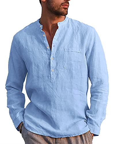 LVCBL Summer Men's Casual Shirt with Buttons, Normal Cut Stand-Up Collar Shirt Light Blue L