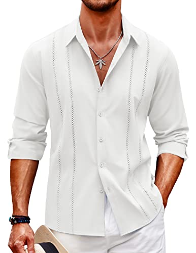COOFANDY Men's Linen Shirts Casual Cuban Guayabera Shirt Long Sleeve Beach Shirts White