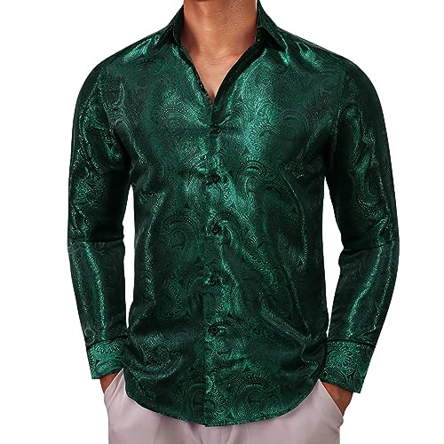 Barry.Wang Men Dress Shirt Silk Luxury Paisley Floral Long Sleeve Big and Tall Wedding Party Casual Business Formal Shirts Green S-3XL