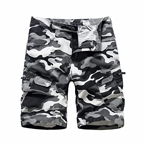 LY4U Mens Camo Shorts Casual Cotton Cargo Combat Shorts with Multi Pockets Grey 36W