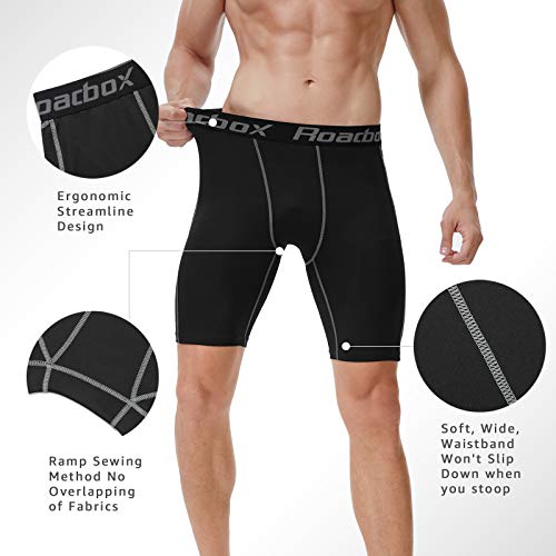 Roadbox Compression Shorts Mens 3 Pack with Pockets, Sports Underwear Quick-Drying Base Layer Shorts for Running, Gym, Shorts, Cycling, Rugby Black