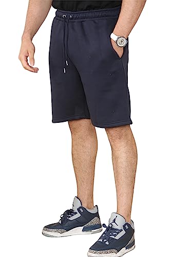 Fiber Knits Shorts Mens - Mens Fleece Knee Length Jogger Shorts with Pockets - Elasticated Waist and Drawstring Work Shorts (Navy Blue, 2XL)