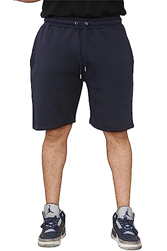 Fiber Knits Shorts Mens - Mens Fleece Knee Length Jogger Shorts with Pockets - Elasticated Waist and Drawstring Work Shorts (Navy Blue, 2XL)