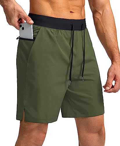 Comilaka Men's Running Shorts Sports Gym Activewear Workout Shorts Lightweight 7 Inch Quick Dry Shorts with Zipper Pockets ArmyGreen