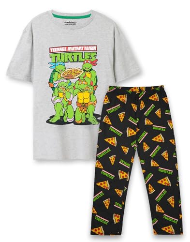 Teenage Mutant Ninja Turtles Mens Pyjama Set | Adults Grey Distressed Pizza Party Short Sleeve Graphic Tee & All Over Print Long Leg Bottoms PJs | TMNT Classic 90's Nostalgic Cartoon Merchandise Gift