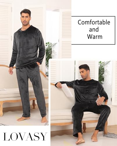 Lovasy Mens Fleece Pyjamas Sets Warm Fleece Pyjamas for Men Cosy Mens Pjs Sets Super Soft Loungewear Pajamas,Grey,M