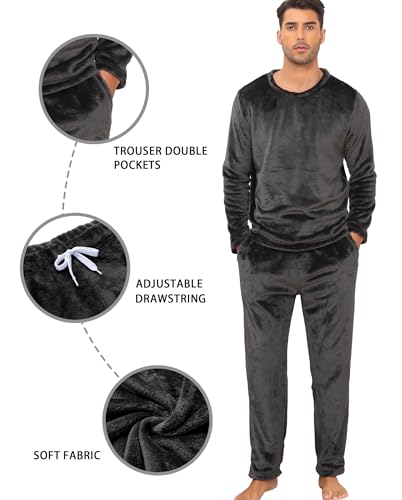 Lovasy Mens Fleece Pyjamas Sets Warm Fleece Pyjamas for Men Cosy Mens Pjs Sets Super Soft Loungewear Pajamas,Grey,M