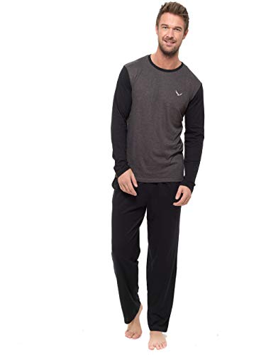INSIGNIA Mens Pyjama Set Long Sleeve Top & Pants Cotton Pjs, Black,Charcoal_black, XL