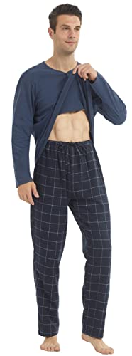 YUSHOW Men's Pyjamas Set Ultra Soft Long Sleeve Henley T-shirt Top & Checked Pyjama Bottoms with Pockets Sleepwear Microfleece Loungewear