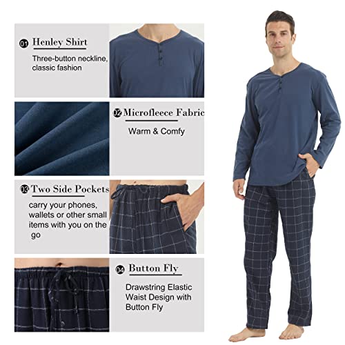 YUSHOW Men's Pyjamas Set Ultra Soft Long Sleeve Henley T-shirt Top & Checked Pyjama Bottoms with Pockets Sleepwear Microfleece Loungewear