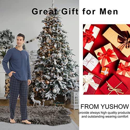 YUSHOW Men's Pyjamas Set Ultra Soft Long Sleeve Henley T-shirt Top & Checked Pyjama Bottoms with Pockets Sleepwear Microfleece Loungewear