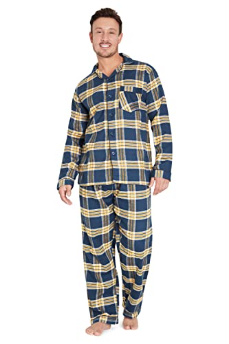 Mens Pyjamas Set, Cotton Men's Nightwear, Check Plaid Loungewear, Traditional Flannel PJs Set, Gifts for Men (M, Navy/Mustard)