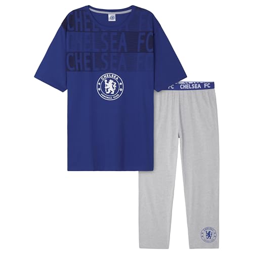 Chelsea F.C. Mens Pyjamas Set Nightwear T-Shirt and Long Bottoms PJs Lounge Set for Men Teenagers S-3XL Gifts for Men (Blue/Grey, XL)