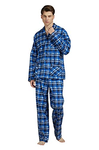 GLOBAL Mens Pyjama Sets | 100% Cotton Soft Flannel Pjs | Long-Sleeve Top Elastic and Drawstring Bottoms