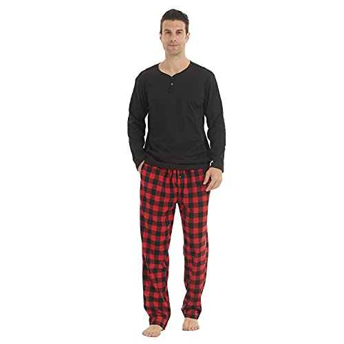 LANBAOSI Mens Lounge Wear Set Thermal Henley Shirts Long Sleeve Top & Flannel Plaid Pyjamas Bottoms Microfleece Nightwear Warm Pjs Sets