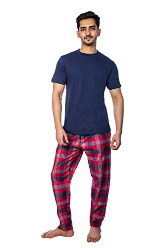 ThreadMills Mens Pyjamas Sets, Checked Pyjamas For Men's Nightwear - Cotton T-Shirt With Short Sleeves, Round Neck & Woven Pajamas for Mens Pjs Set
