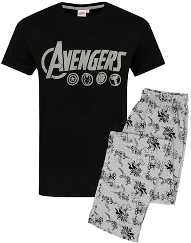 Marvel The Avengers Pyjamas For Men | Logo Grey Lounge Pants & Black T-Shirt Set | Superhero Gifts Merchandise XXL