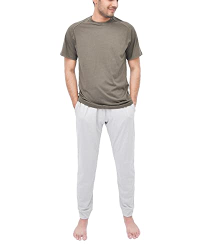 Sleepdown Men's Tee 2 Piece Raglan Short Sleeve T-Shirt & Wide Leg Pyjama Set Loungwear Nightwear Top and Bottoms PJ, Grey Khaki, L