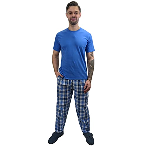 KRUXADER Mens Pyjamas Set | 100% Cotton PJs | With Pants & Short Sleeve Top | Elastic Waistband and Drawstring (CAMELOT BLUE, XL)