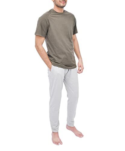 Sleepdown Men's Tee 2 Piece Raglan Short Sleeve T-Shirt & Wide Leg Pyjama Set Loungwear Nightwear Top and Bottoms PJ, Grey Khaki, L