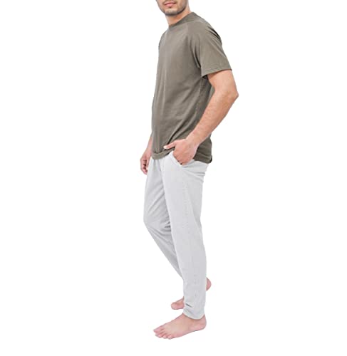 Sleepdown Men's Tee 2 Piece Raglan Short Sleeve T-Shirt & Wide Leg Pyjama Set Loungwear Nightwear Top and Bottoms PJ, Grey Khaki, L