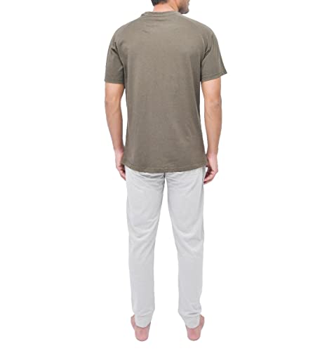 Sleepdown Men's Tee 2 Piece Raglan Short Sleeve T-Shirt & Wide Leg Pyjama Set Loungwear Nightwear Top and Bottoms PJ, Grey Khaki, L