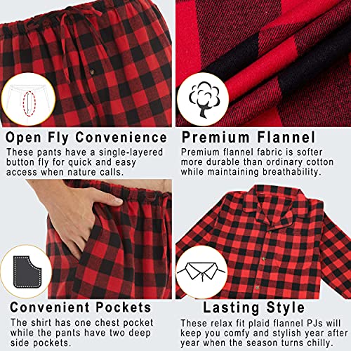 YUSHOW Pyjamas for Men Flannel Red Check Pyjama Sets Ultra Soft Loungewear Long Sleeve Top and Bottoms