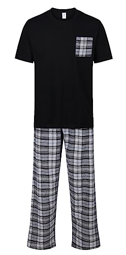 North East Mens Pyjamas Brushed Flannel Bottom Short Sleeve Top M to 2XL Pj Sets Night Wear (Black & Grey Check M)