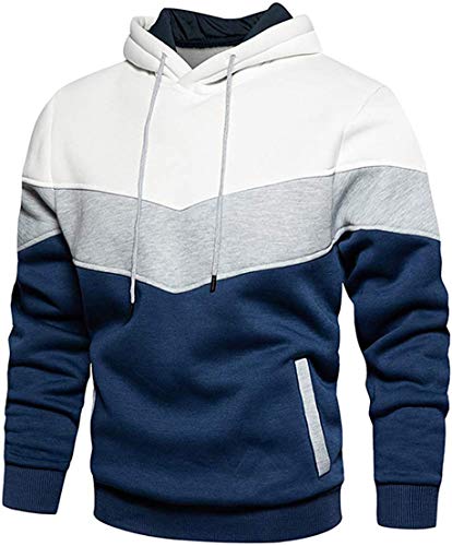 comefohome Mens Hoodies Pullover Color Block Sweatshirts Long Sleeve Hoody Drawstring Casual Tops with Pockets White S