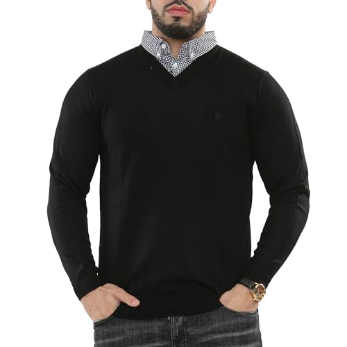 NOROZE Men's Jumper Mock Collar Knitted V-Neck Plain Classic Sweater Pullover Knitted Sweatshirt (3XL, Black)