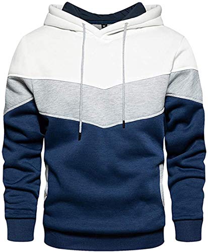 comefohome Mens Hoodies Pullover Color Block Sweatshirts Long Sleeve Hoody Drawstring Casual Tops with Pockets White S