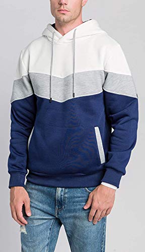 comefohome Mens Hoodies Pullover Color Block Sweatshirts Long Sleeve Hoody Drawstring Casual Tops with Pockets White S