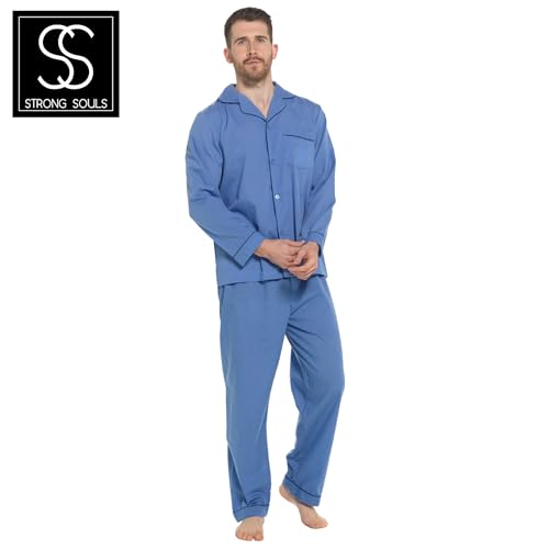 Lora Dora Strong Soul Mens Traditional 2 Piece Pyjamas, Plain Blue, M