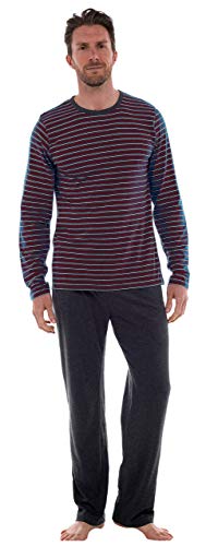 INSIGNIA Mens Pyjama Set Long Sleeve Top & Pants, L, Charcoal -Red Stripe