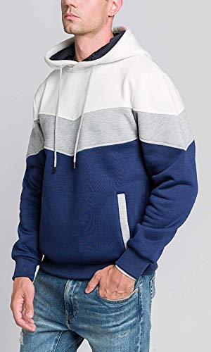 comefohome Mens Hoodies Pullover Color Block Sweatshirts Long Sleeve Hoody Drawstring Casual Tops with Pockets White S