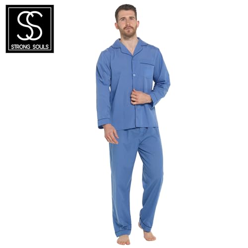 Lora Dora Strong Soul Mens Traditional 2 Piece Pyjamas, Plain Blue, M